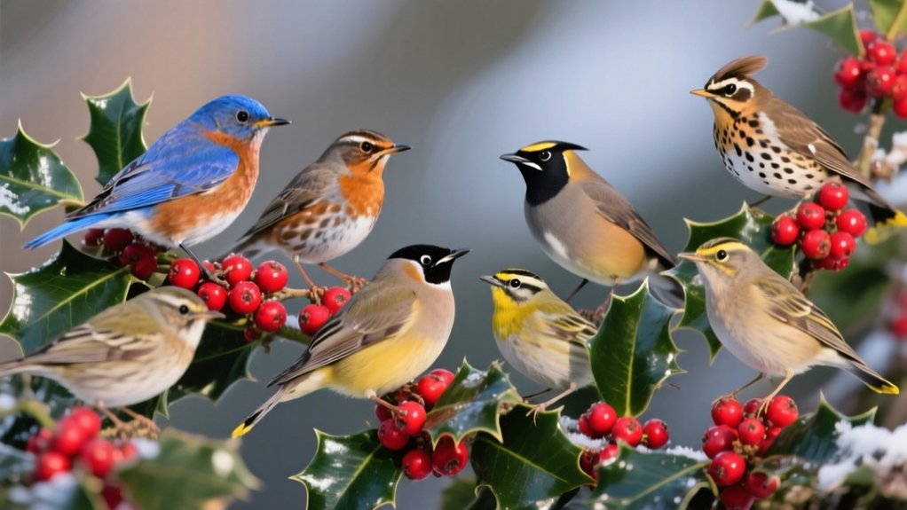 birds feeding on holly