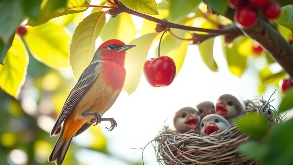 birds carefully time cherry feeding