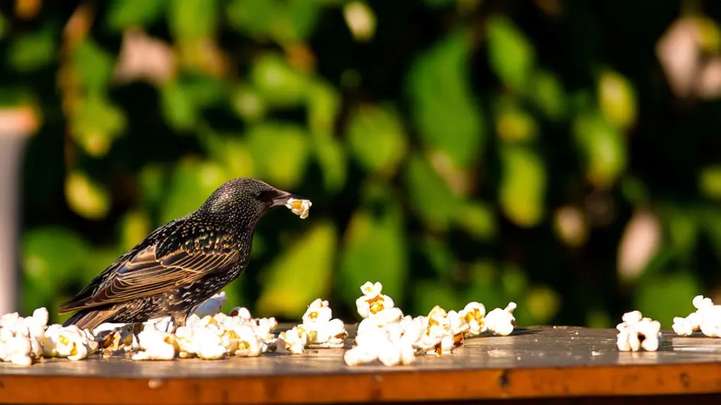 birds eating popping corn