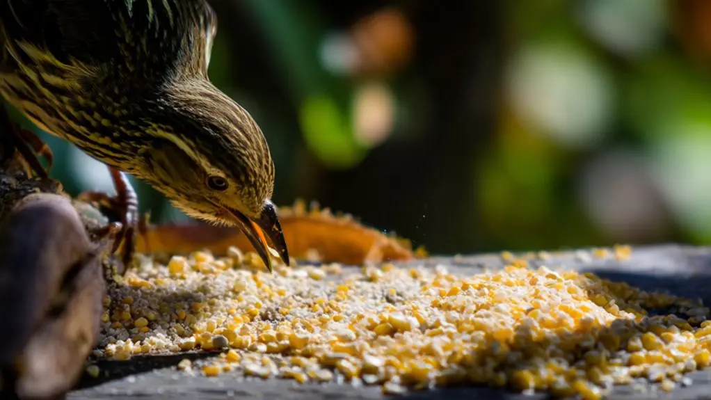 birds eating raw cornmeal