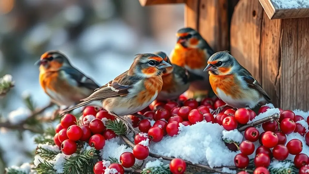 birds feeding on cranberries