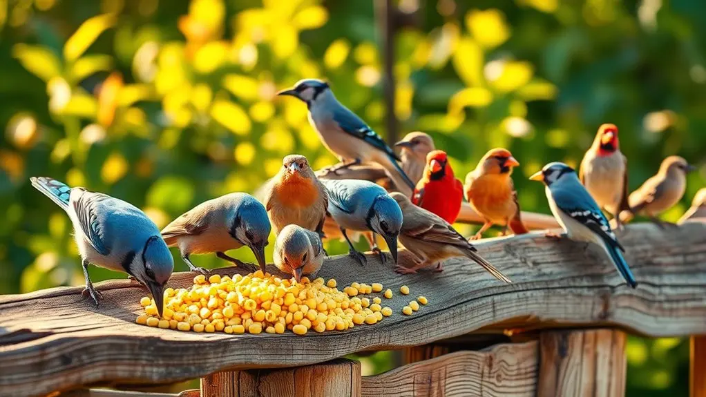 birds feeding on raw corn