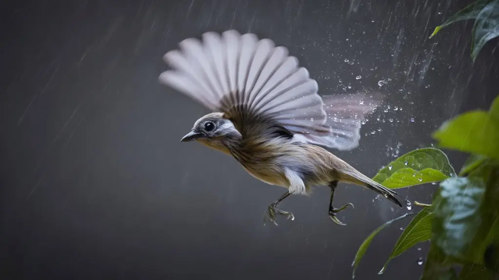 birds flight in rain