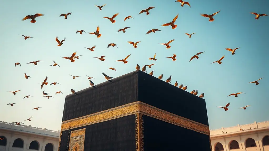 birds perch on kaaba