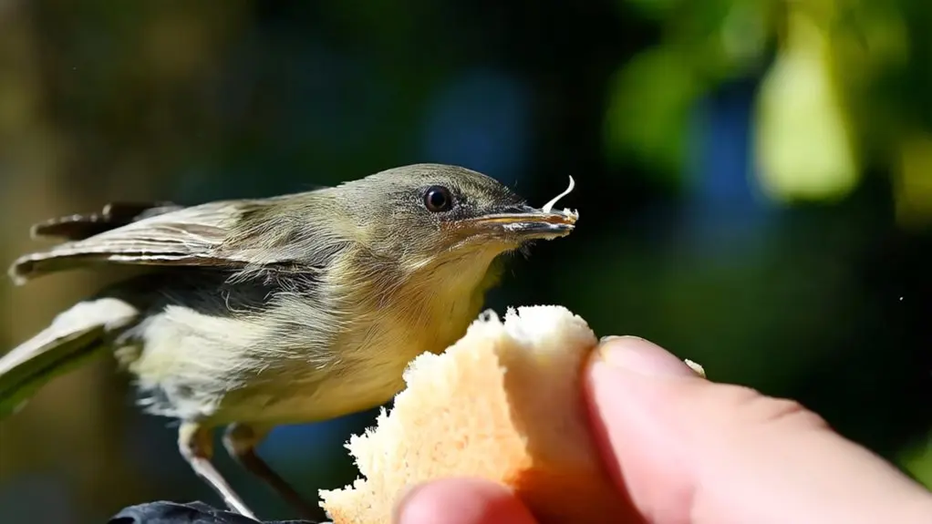 feeding birds with bread