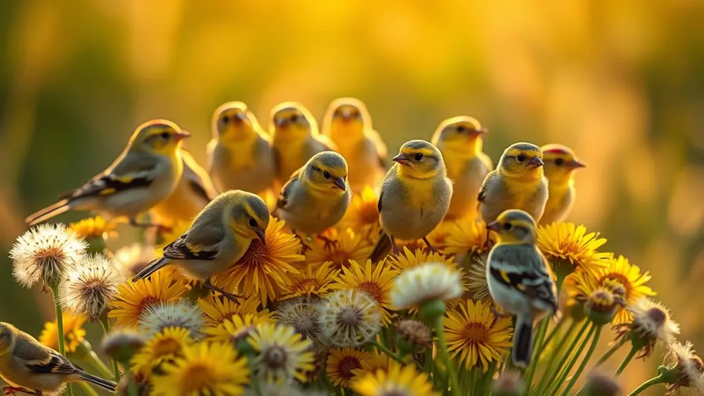 goldfinches and sparrows feed